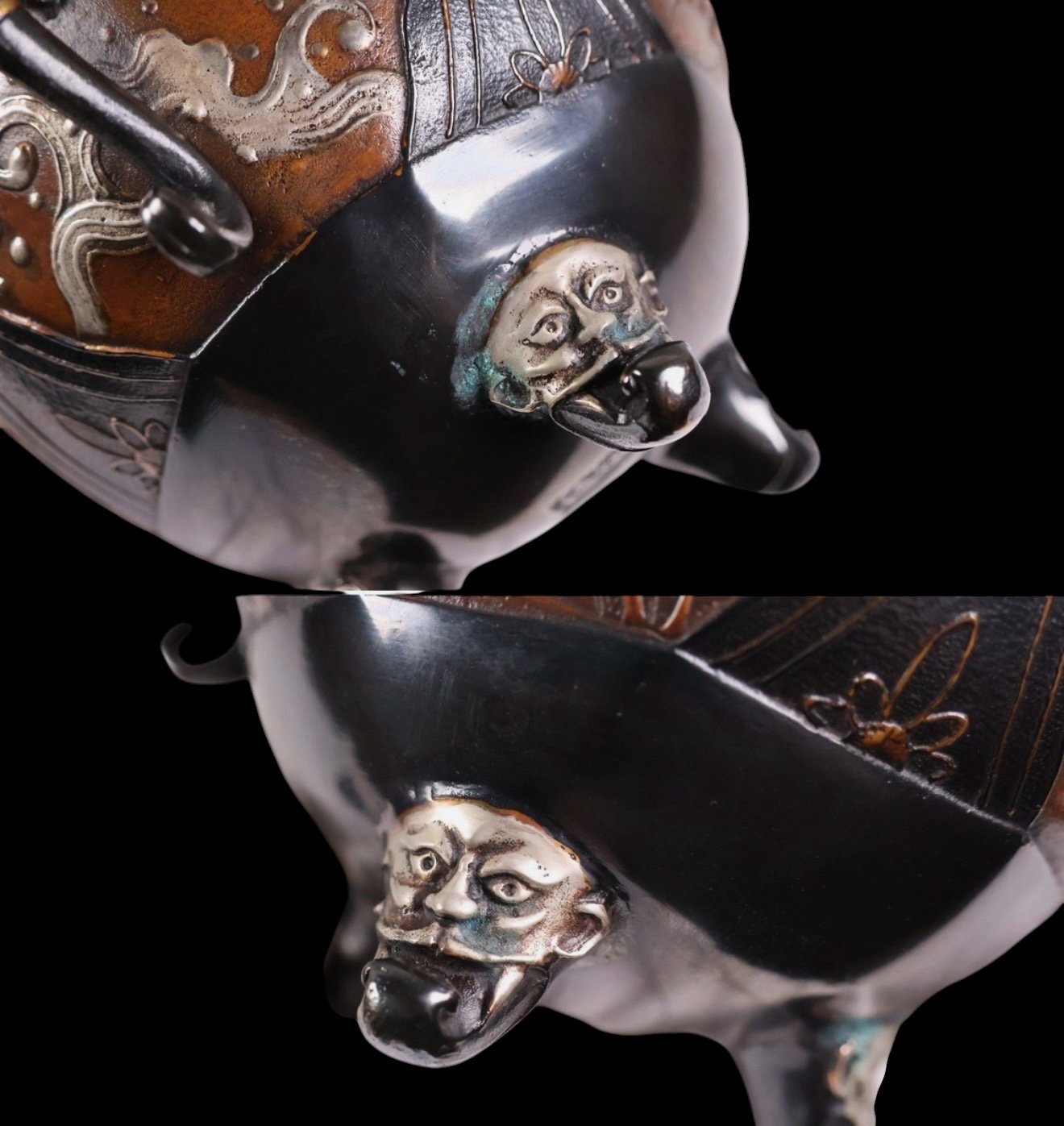 Takaoka bronze koro, close-up of leg with detailed demon mask. Japanese Shōwa craftsmanship.