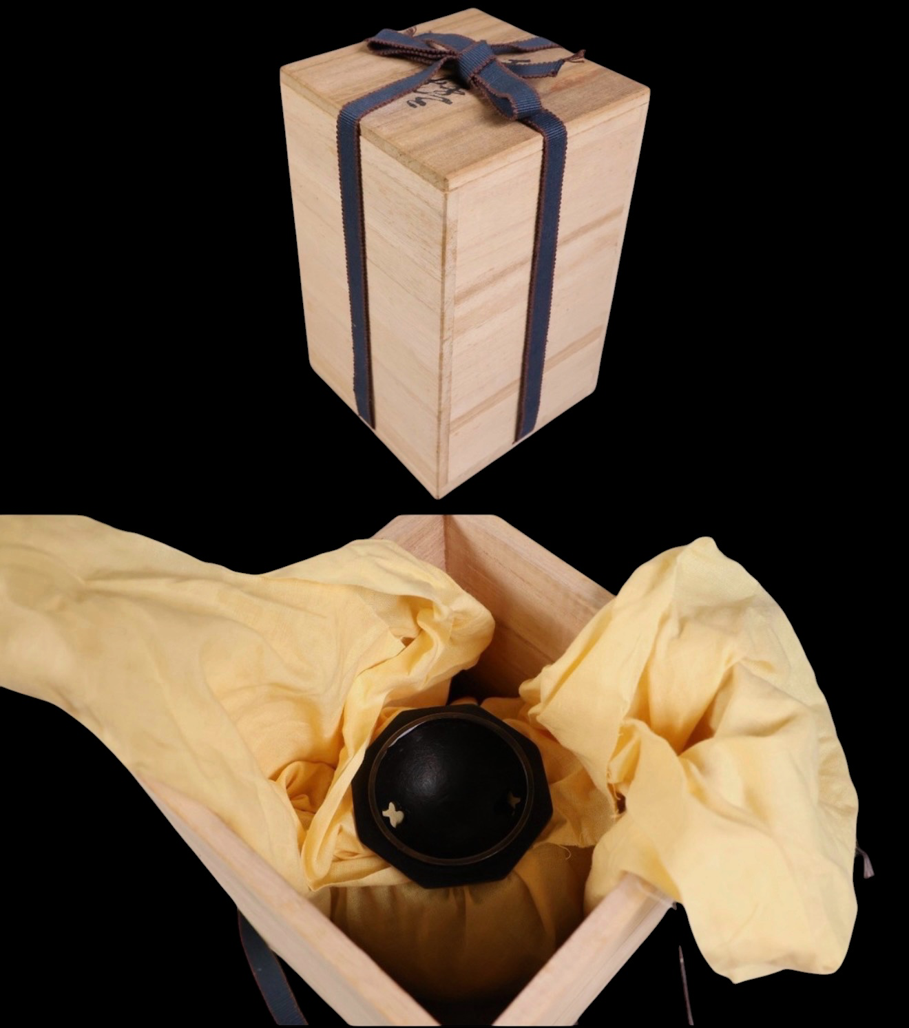 Koro storage box with a bronze koro resting in silk, a rare katana accessory.