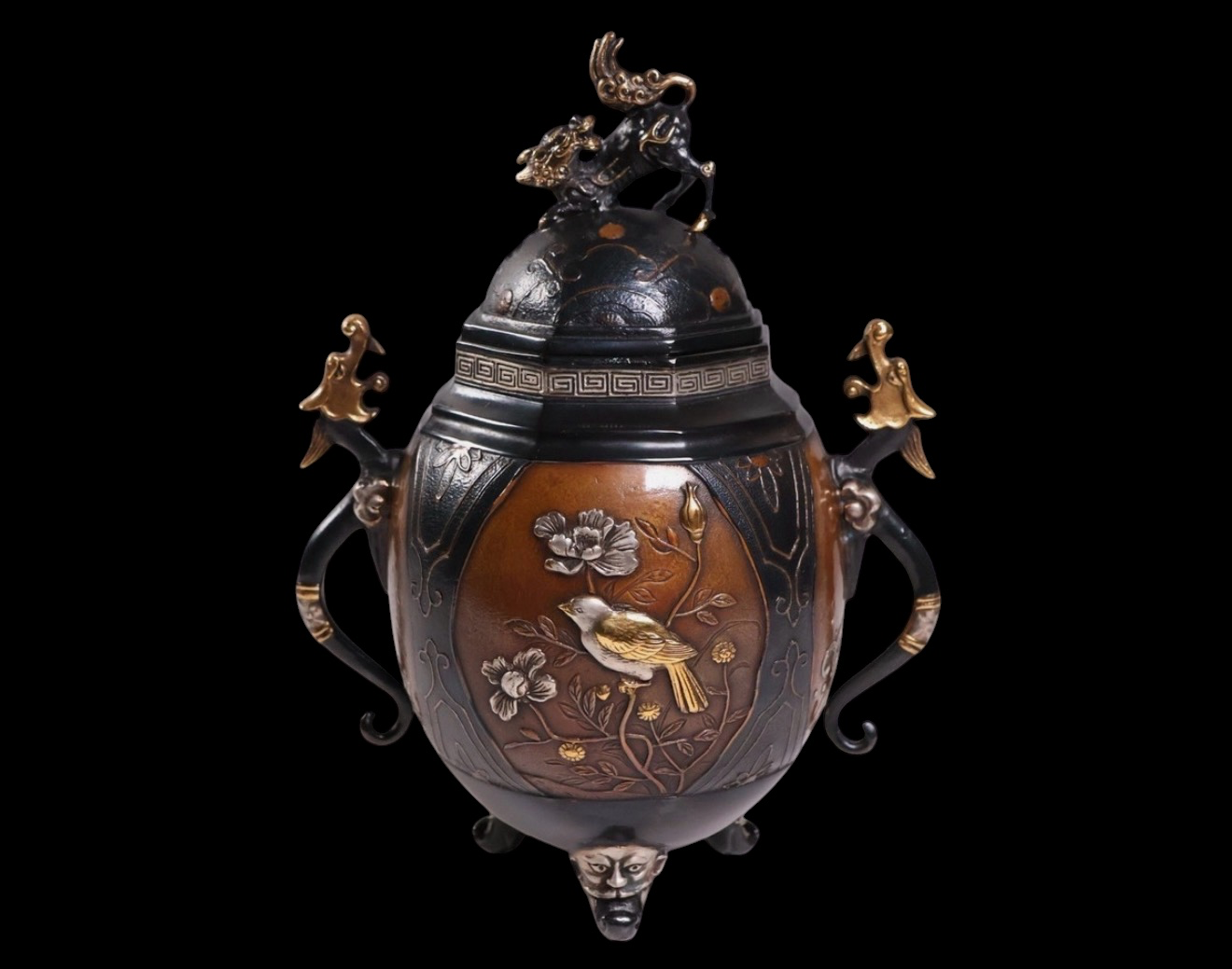 Takaoka bronze koro, Kirin finial, bird, flowers, gold inlay, from Kyodai Originals, a Japanese antique katana