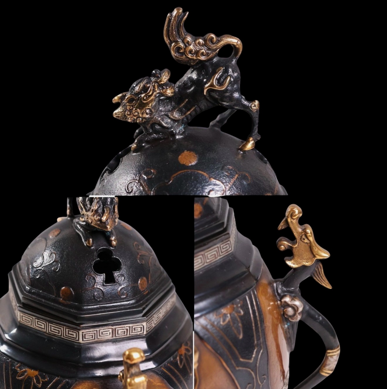 Takaoka bronze koro top with Kirin, dragons & precious-metal inlay. Japanese katana collectible, frontal view.