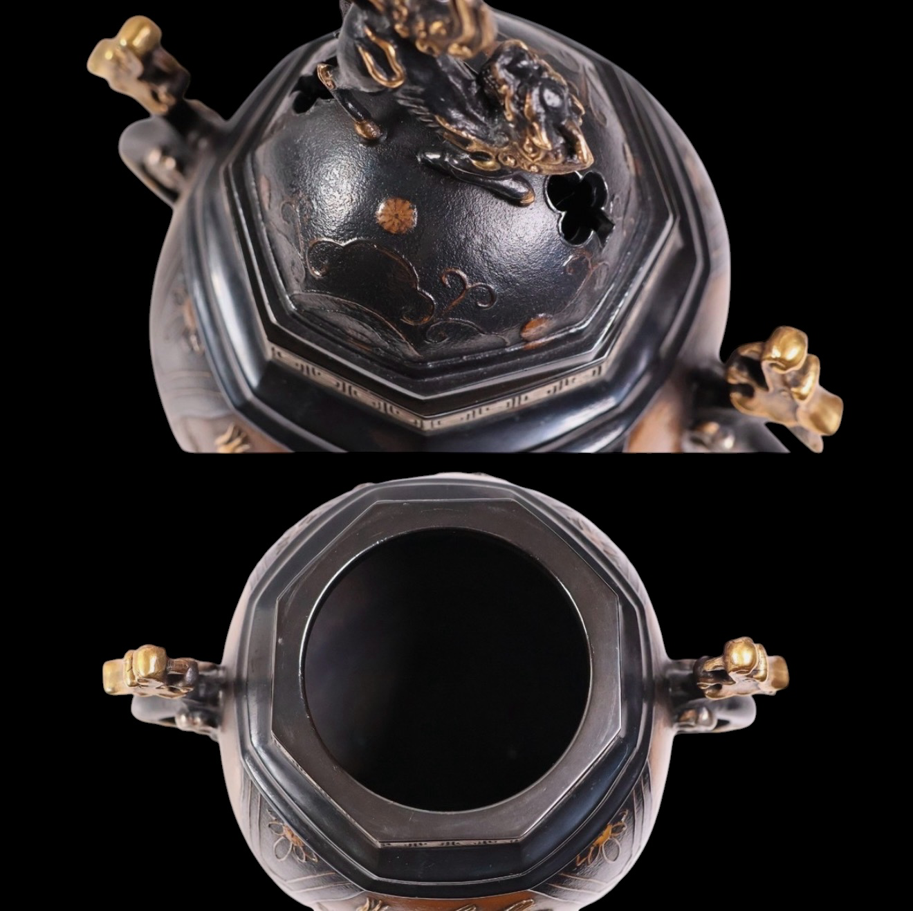 Takaoka bronze koro with Kirin, dragons, precious-metal inlay. Japanese craftsmanship, katana category.