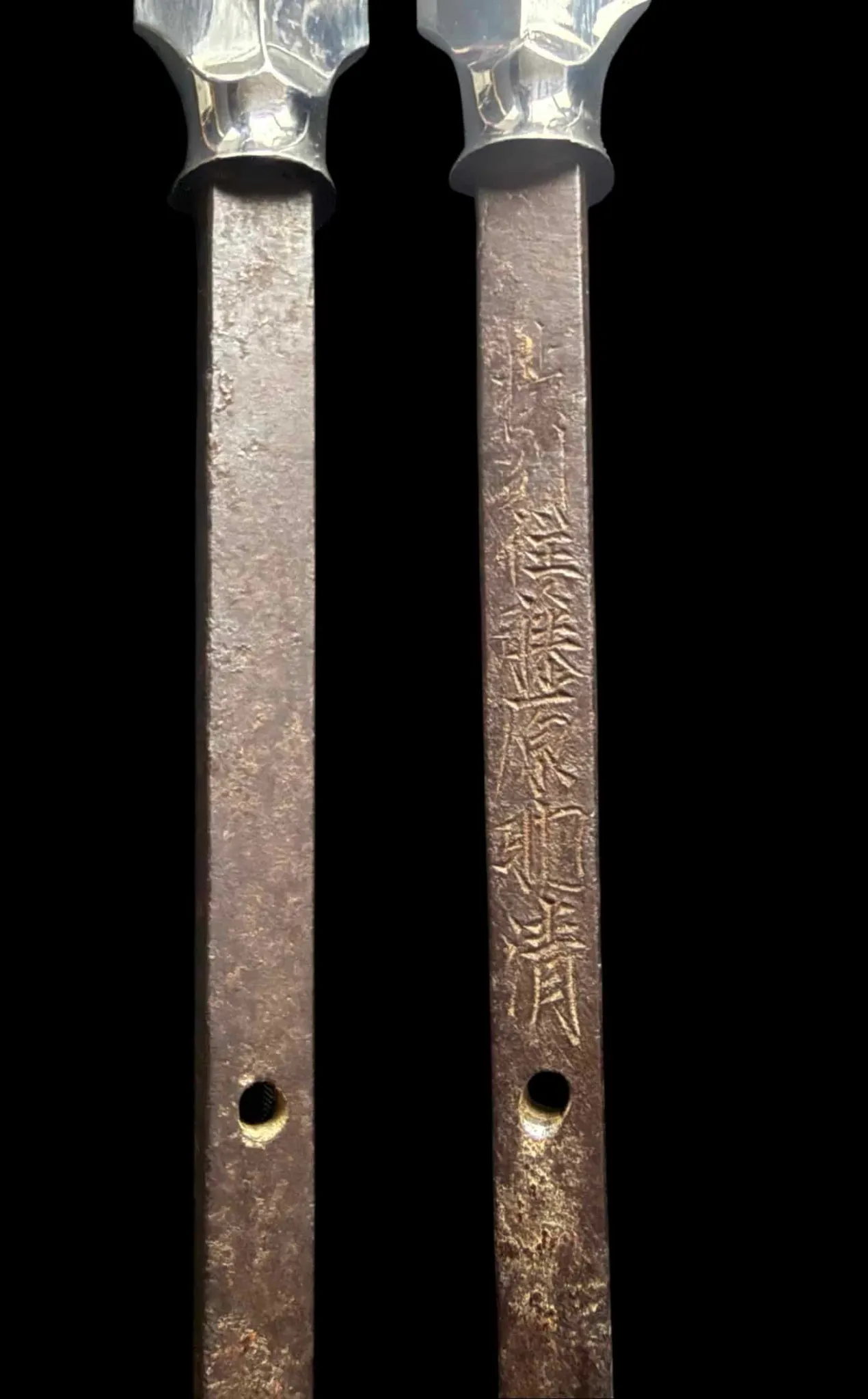 Close-up of Ōmi Yari Sukekiyo nakago with engraved mei, highlighting sword signature for Yari / Naginata