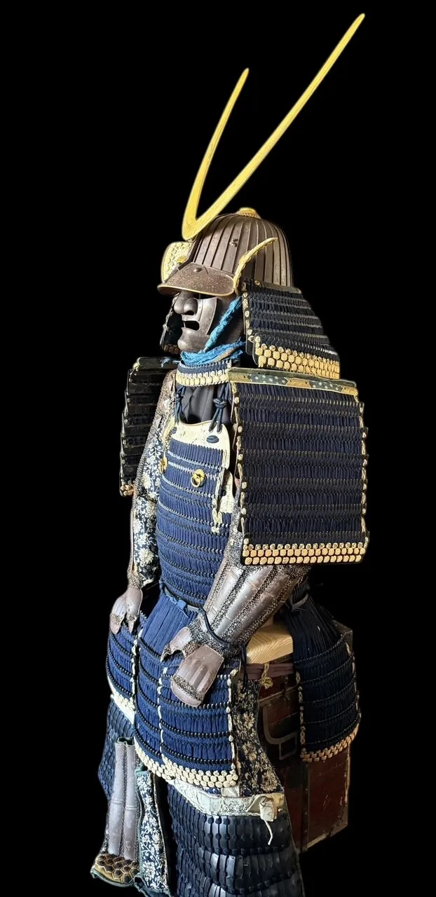 Mogami Dou Gusoku Armor, Edo Period samurai armor, side profile, revealing black lacquer and blue lacing
