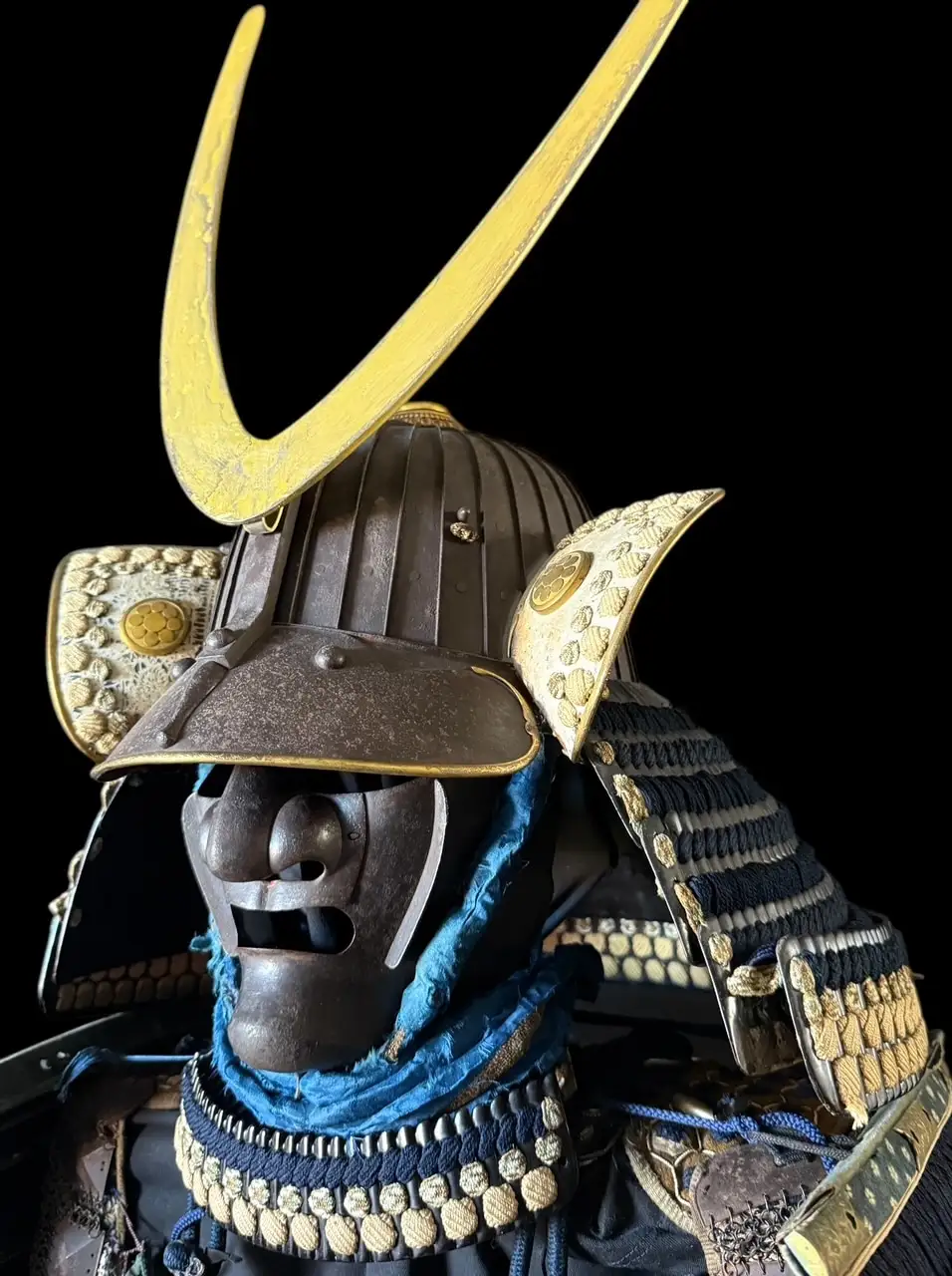 Edo-Period Mogami Dou Gusoku Samurai Armor, detailed frontal view of helmet, mask, and shoulders.