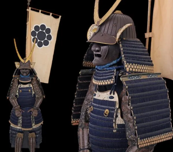 Edo period Mogami Dou Gusoku Armor with banner. Front view of full armor, side view of bust.