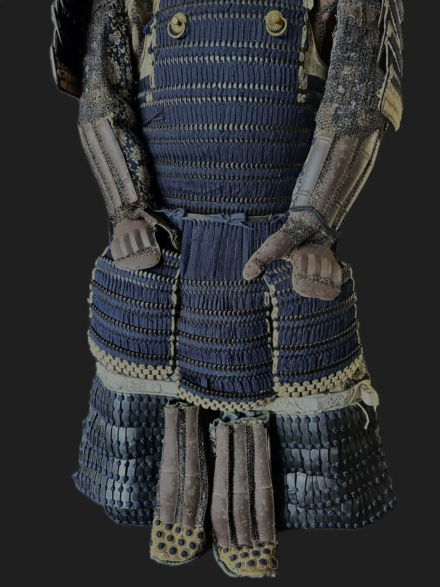 Front view of Mogami Dou Gusoku Armor, Edo Period samurai armor chest, arms, and tassets with blue lacing