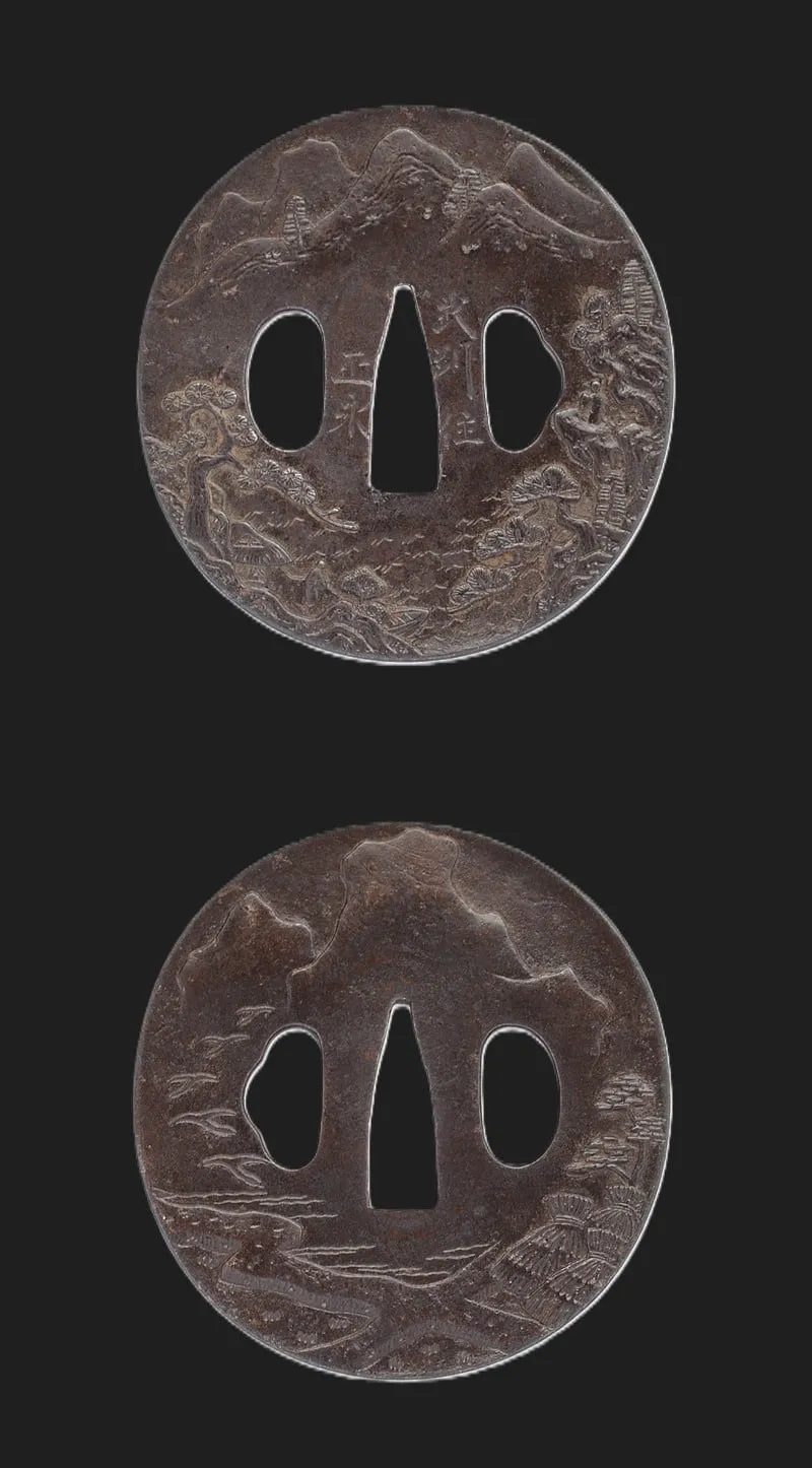 Antique Tsuba Busyu Masanaga close-up showing intricate nature landscape etching on the Edo-period tsuba