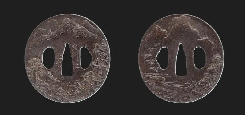 Two views of an Edo Tsuba Busyu Masanaga, a dark metal tsuba with intricate mountain and river landscape carvings