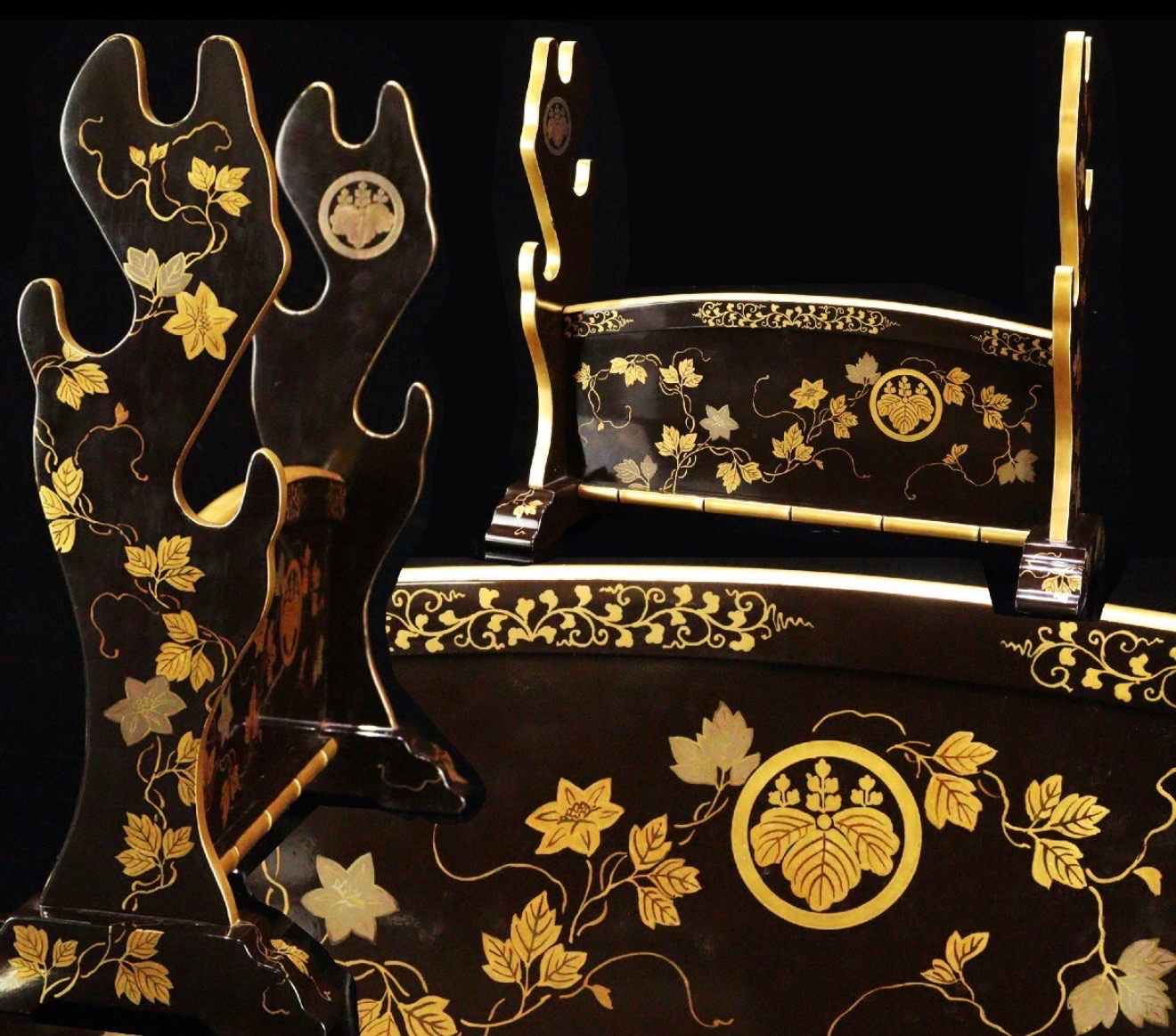 Antique Japanese Three-Sword Kake, black lacquer, gold maki-e with Paulownia mon, for katana display.