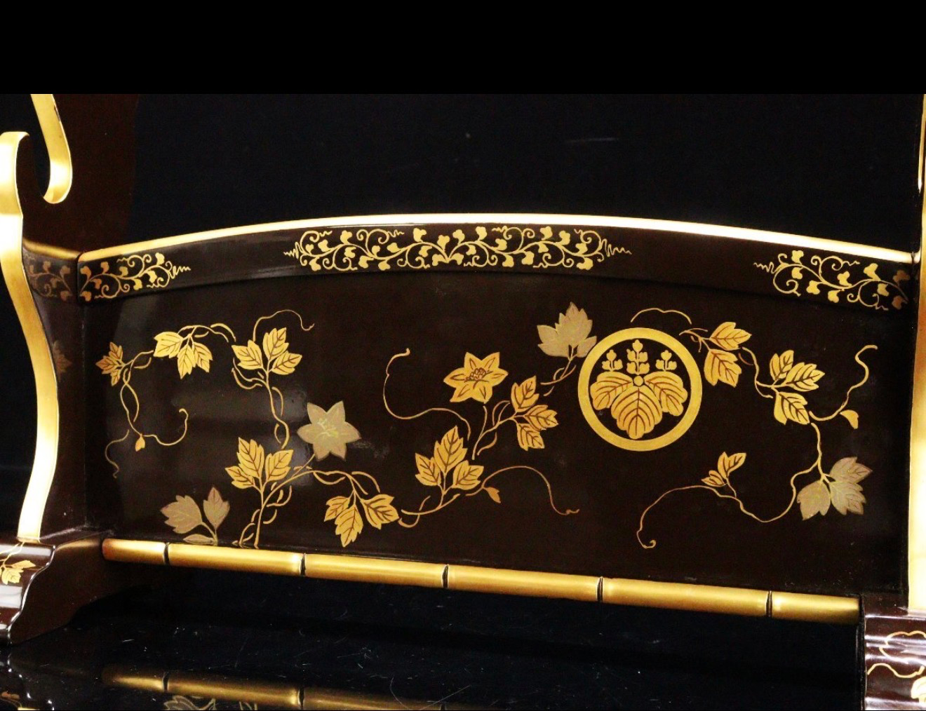 Antique Japanese Three-Sword Kake, black lacquer, gold maki-e Paulownia mon & vine design for katana