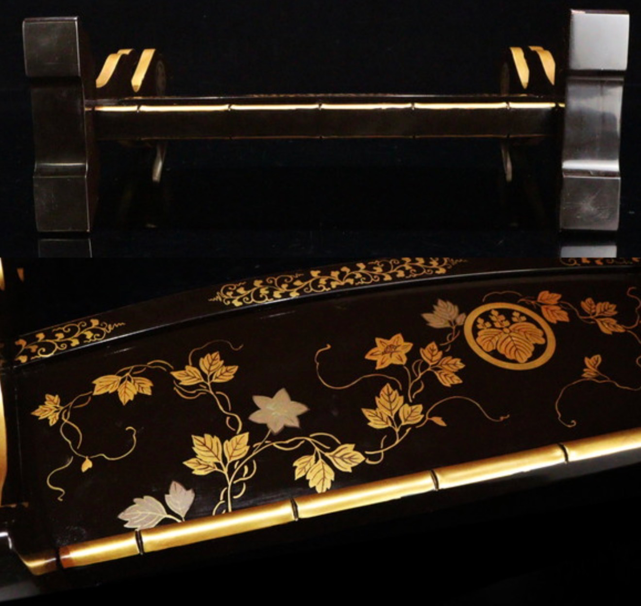Antique Japanese Three-Sword Kake katana in black lacquer with Gold Maki-e Paulownia Mon detail close-up
