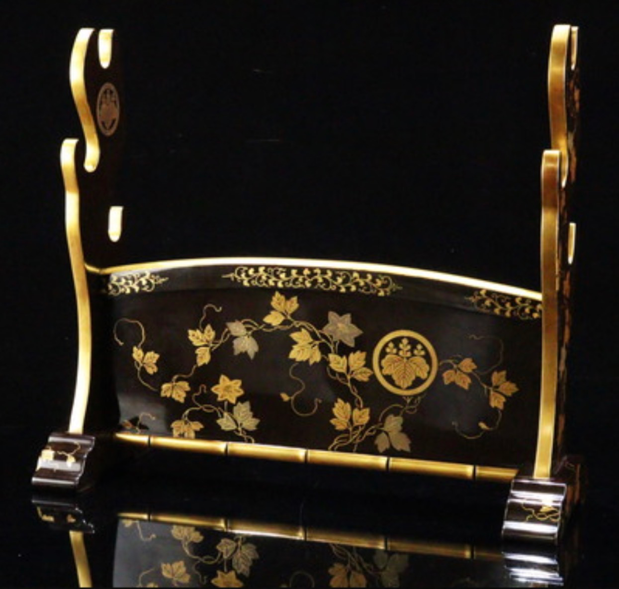 Antique Japanese Three-Sword Kake, black lacquer, gold maki-e Paulownia Mon design for katana display