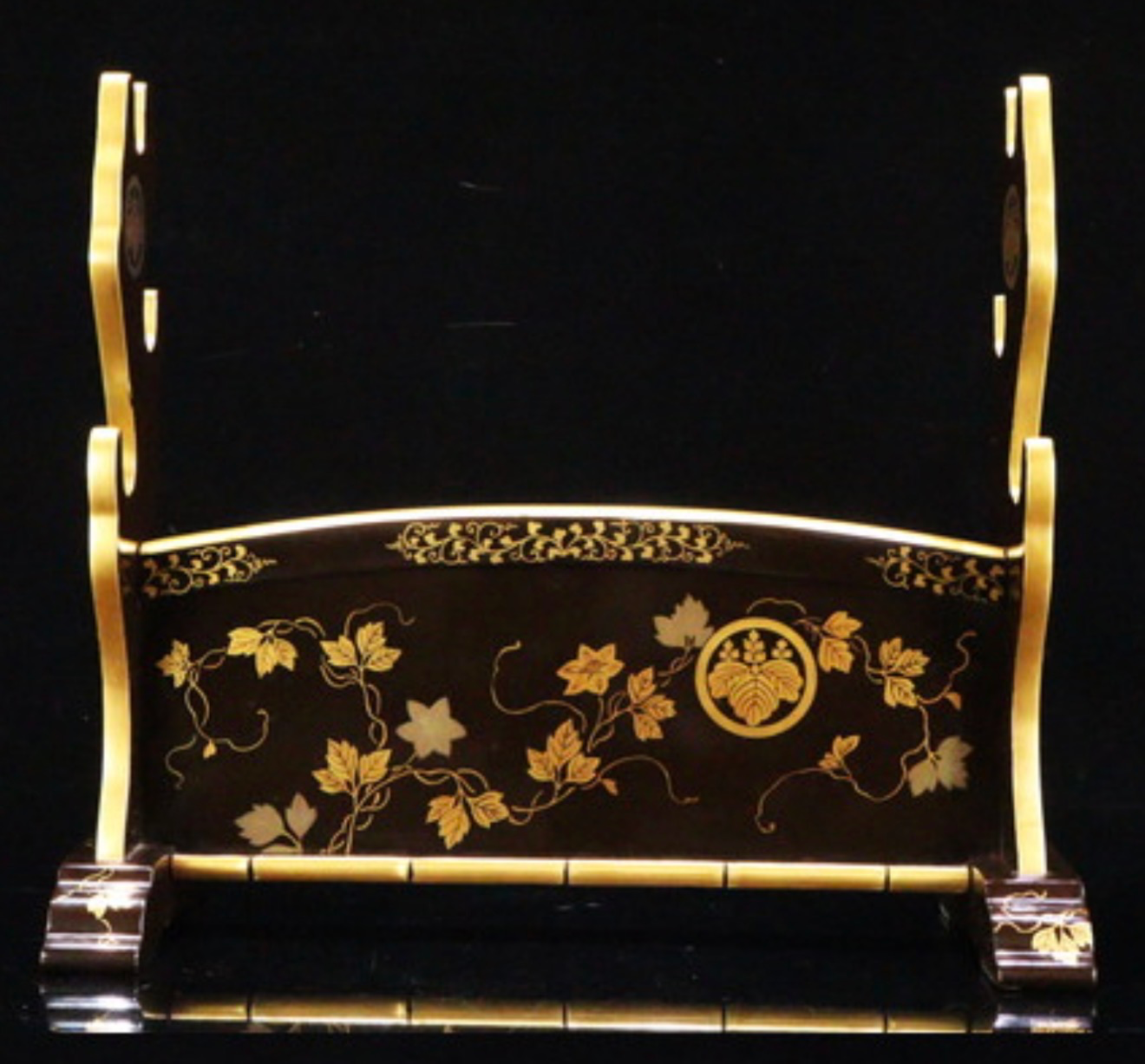 Antique Japanese Three-Sword Kake katana, black lacquer with gold maki-e vines & Paulownia Mon.