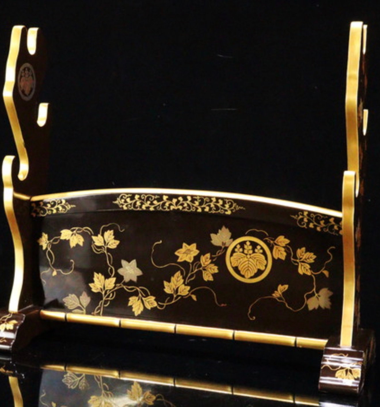 Antique Japanese Three-Sword Kake, black lacquer, gold maki-e Paulownia Mon katana display stand, front view