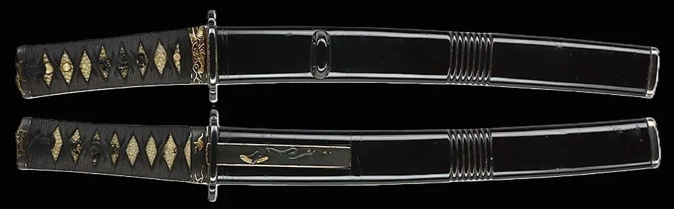 Kyodai Originals Nidai Muramasa Sayagaki Katana, two views showing the ornate hilt and polished black scabbard.