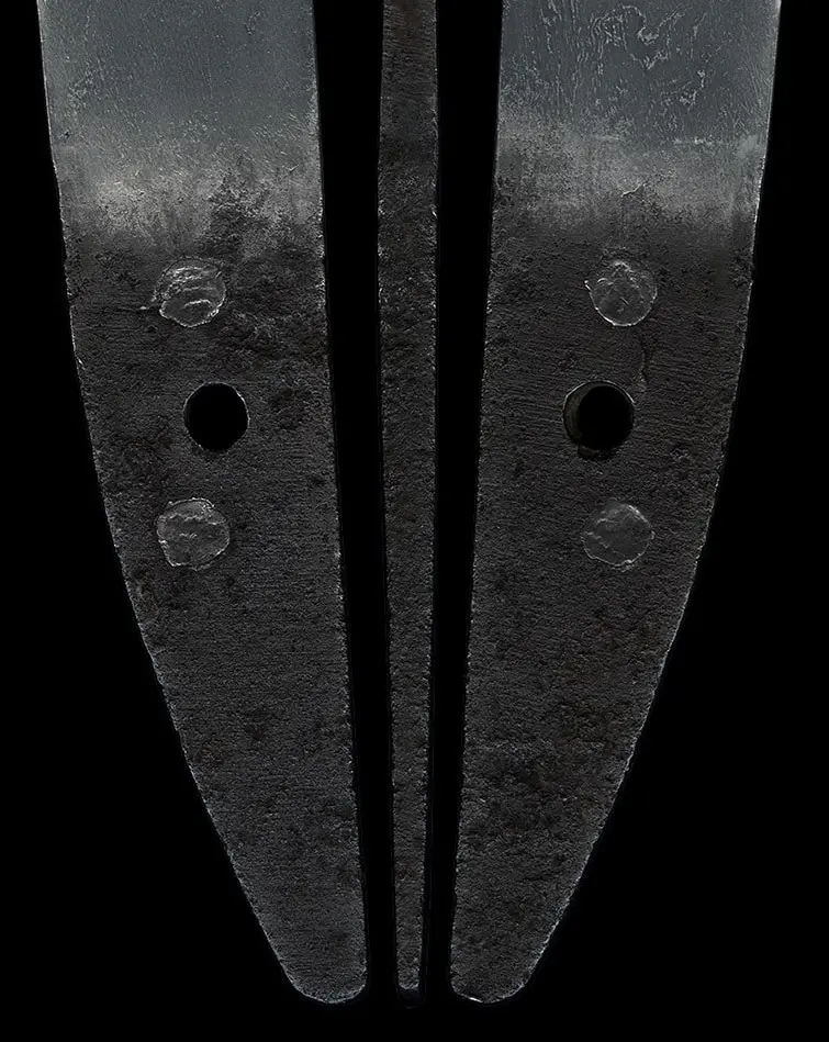 Close-up of the ancient tang (nakago) of a Nidai Muramasa Sayagaki katana, showing two mekugi-ana