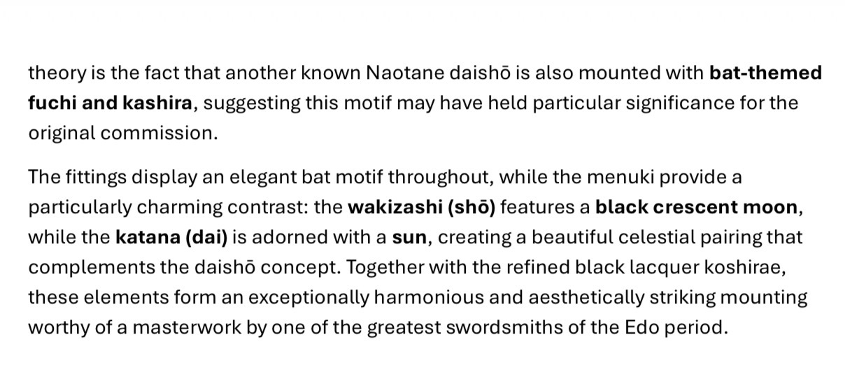 Taikei Naotane’s Final Known Daishō katana fittings with bat motif, crescent moon wakizashi, and sun dai