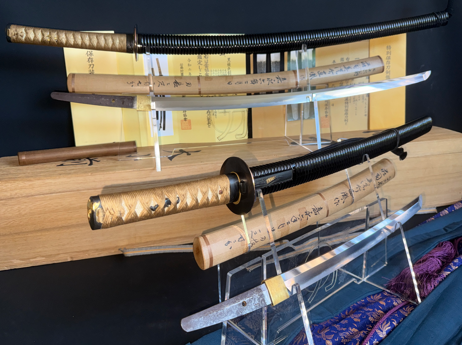 Naotane's Final Known Daishō katana set, two samurai swords displayed with their scabbards and handles
