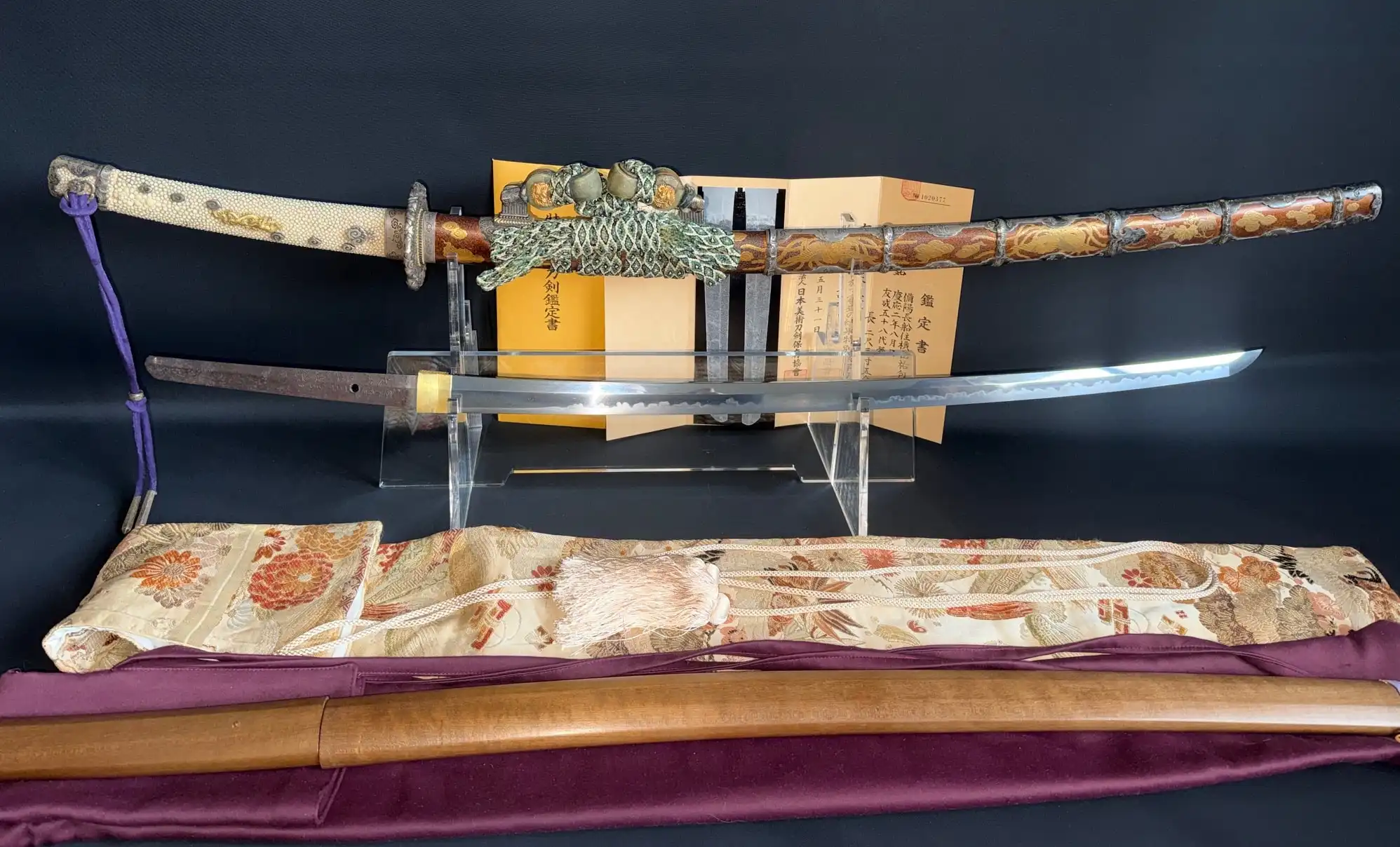 Tachi Yokoyama Sukekane Katana with ornate saya and exposed blade, Kyodai Originals product.