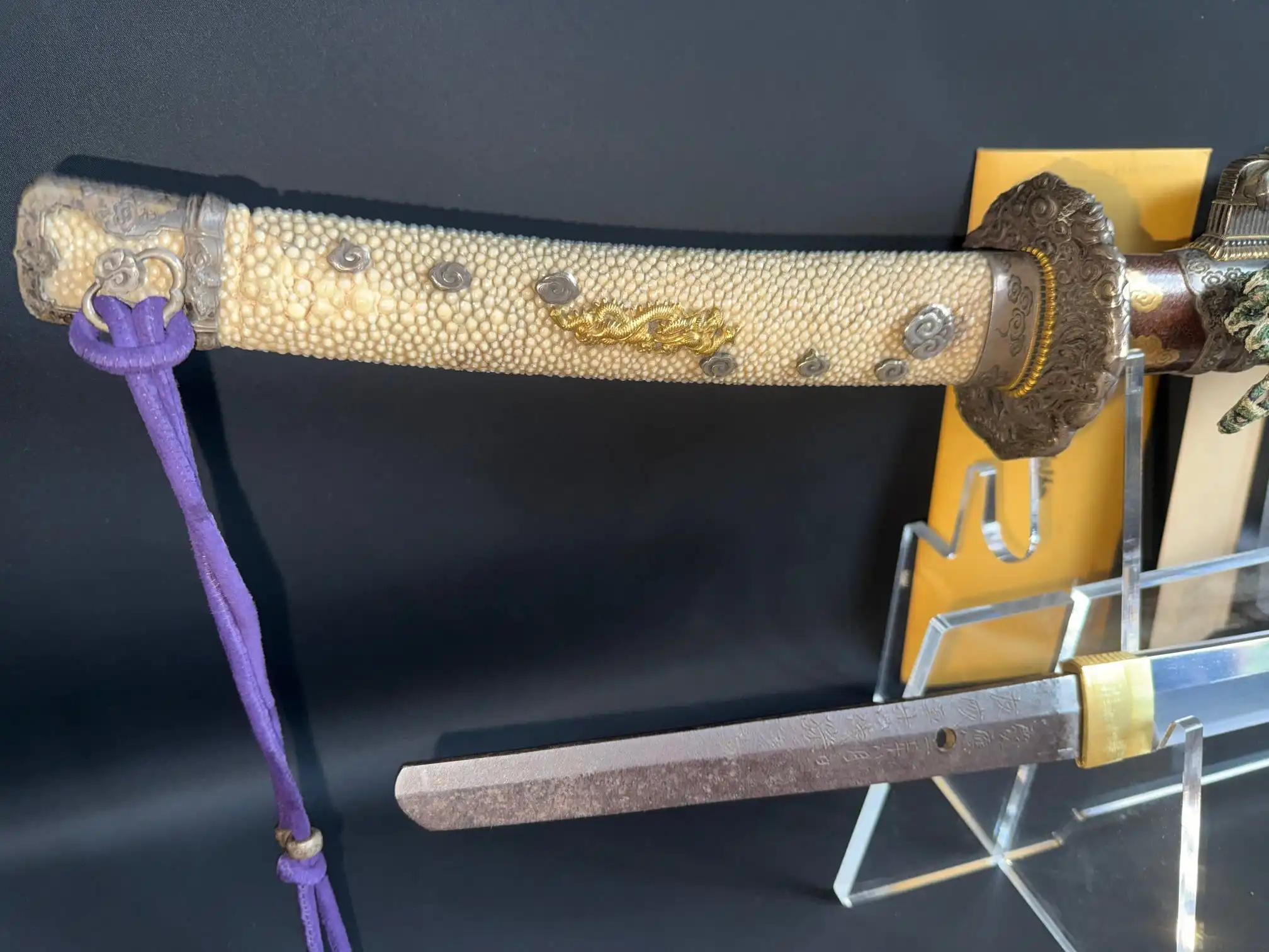 Elaborate Tachi Yokoyama Sukekane katana with intricate stingray skin tsuka and visible tang.