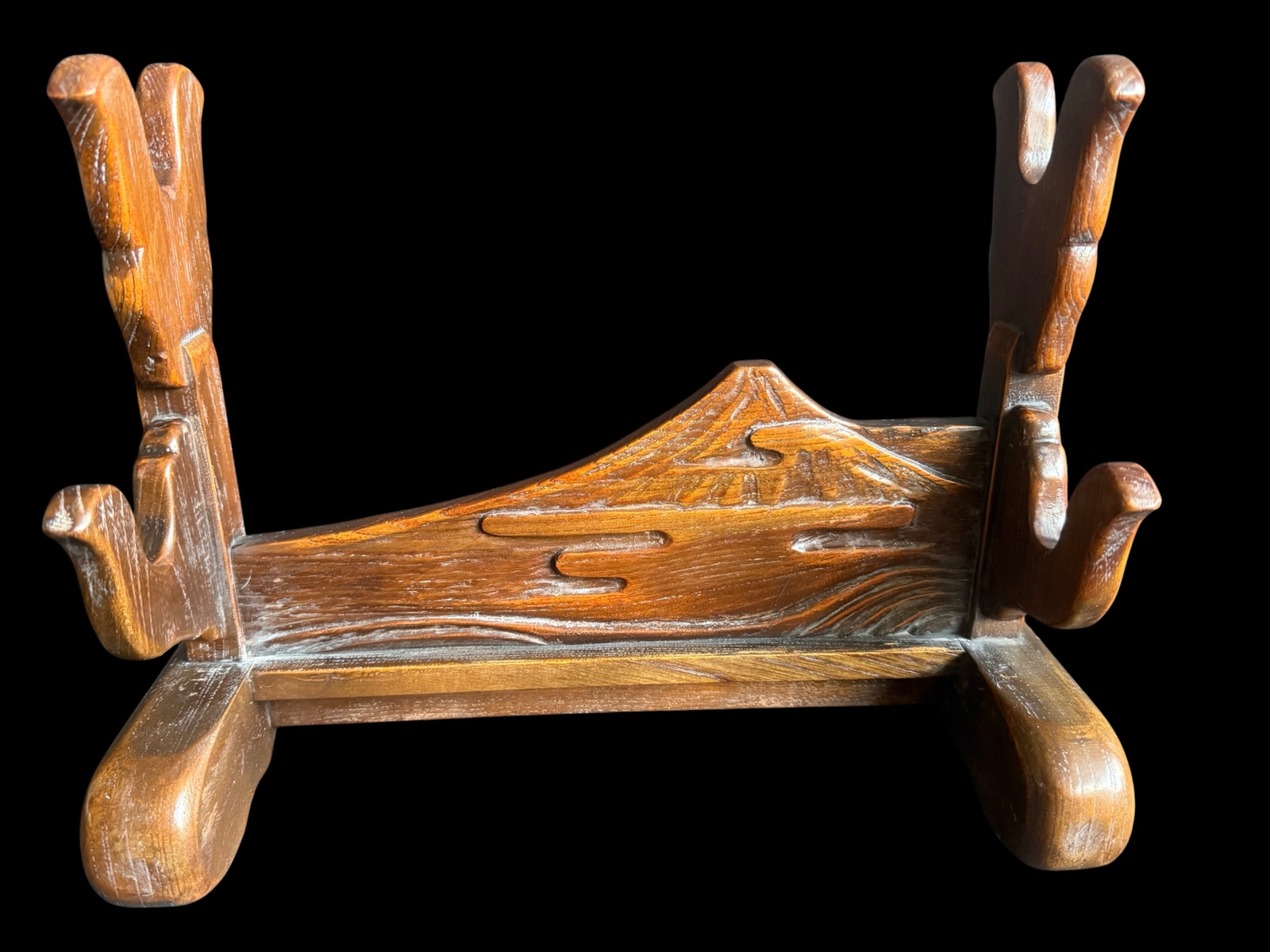Handcrafted Japanese Double Sword Stand Unkai Fuji Style katana stand kake, carved wood Mount Fuji design
