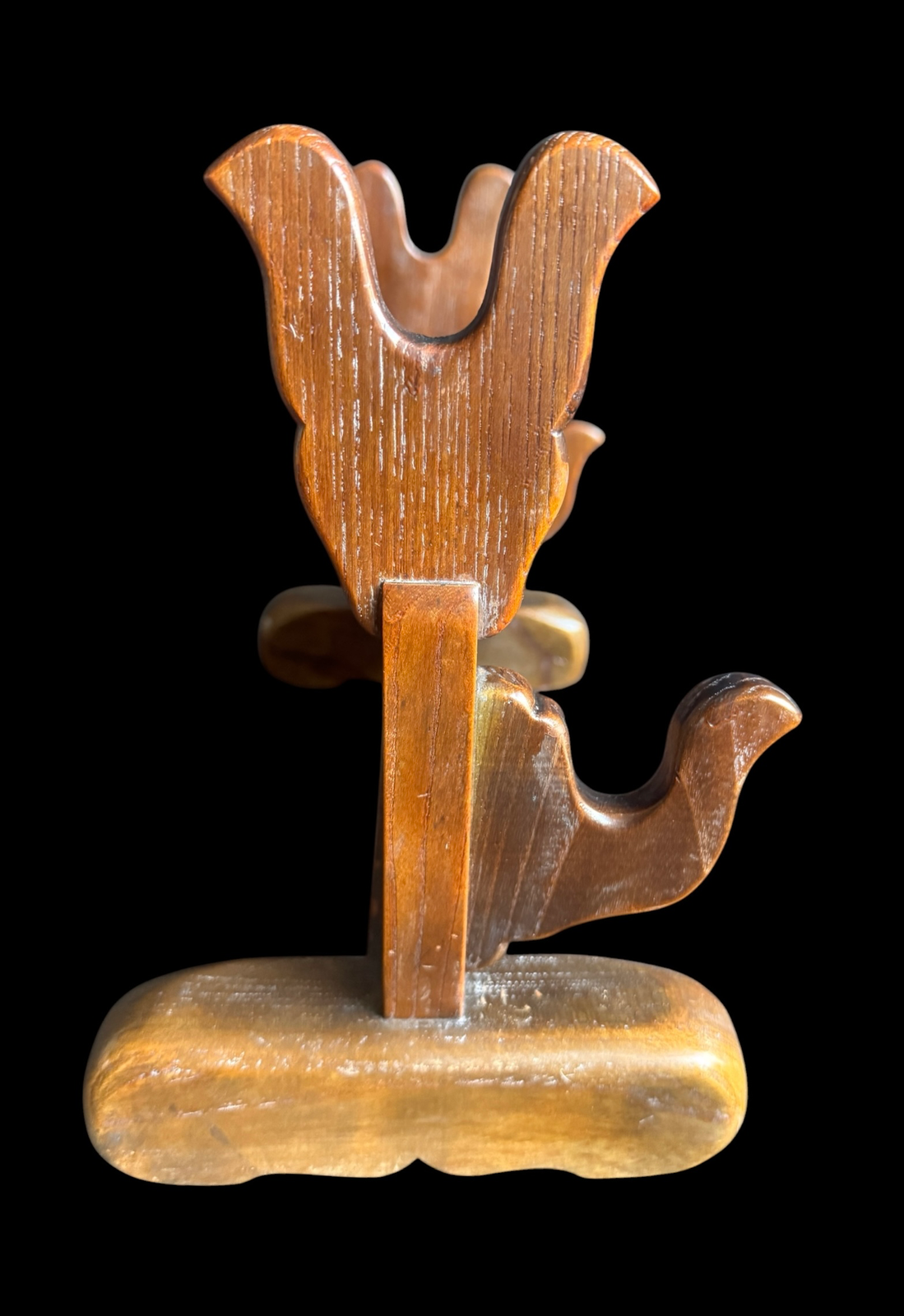 Handcrafted Japanese Double Sword Stand Unkai Fuji Style, a wooden katana stand kake, front view.