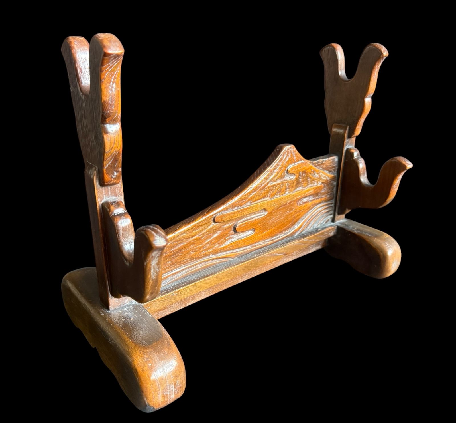 Handcrafted Japanese Double Sword Stand Unkai Fuji Style, a wooden katana stand kake with Fuji mountain carving
