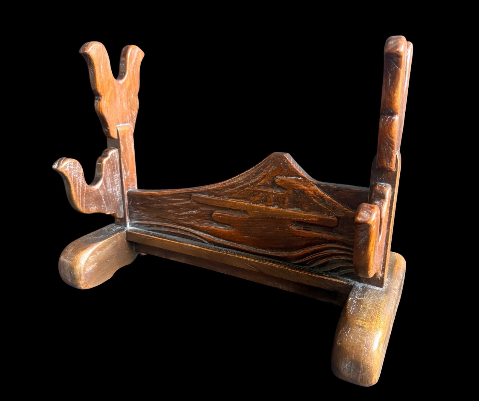 Handcrafted Japanese Double Sword Stand Unkai Fuji Style, carved wood katana stand kake, featuring Mt Fuji design.