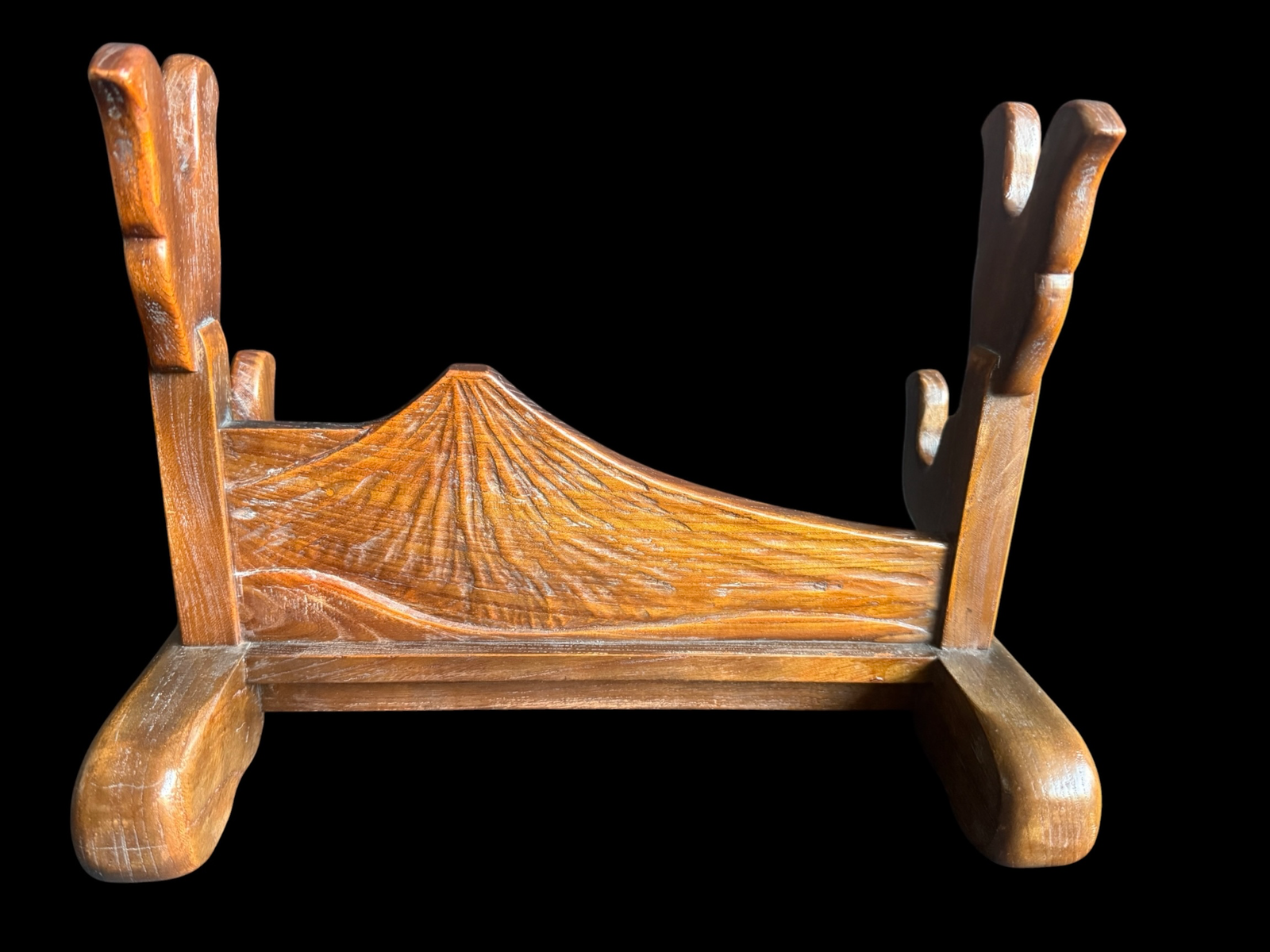 Handcrafted Japanese Double Sword Stand Unkai Fuji Style katana stand kake, carved wood, front view, Fuji mountain detail