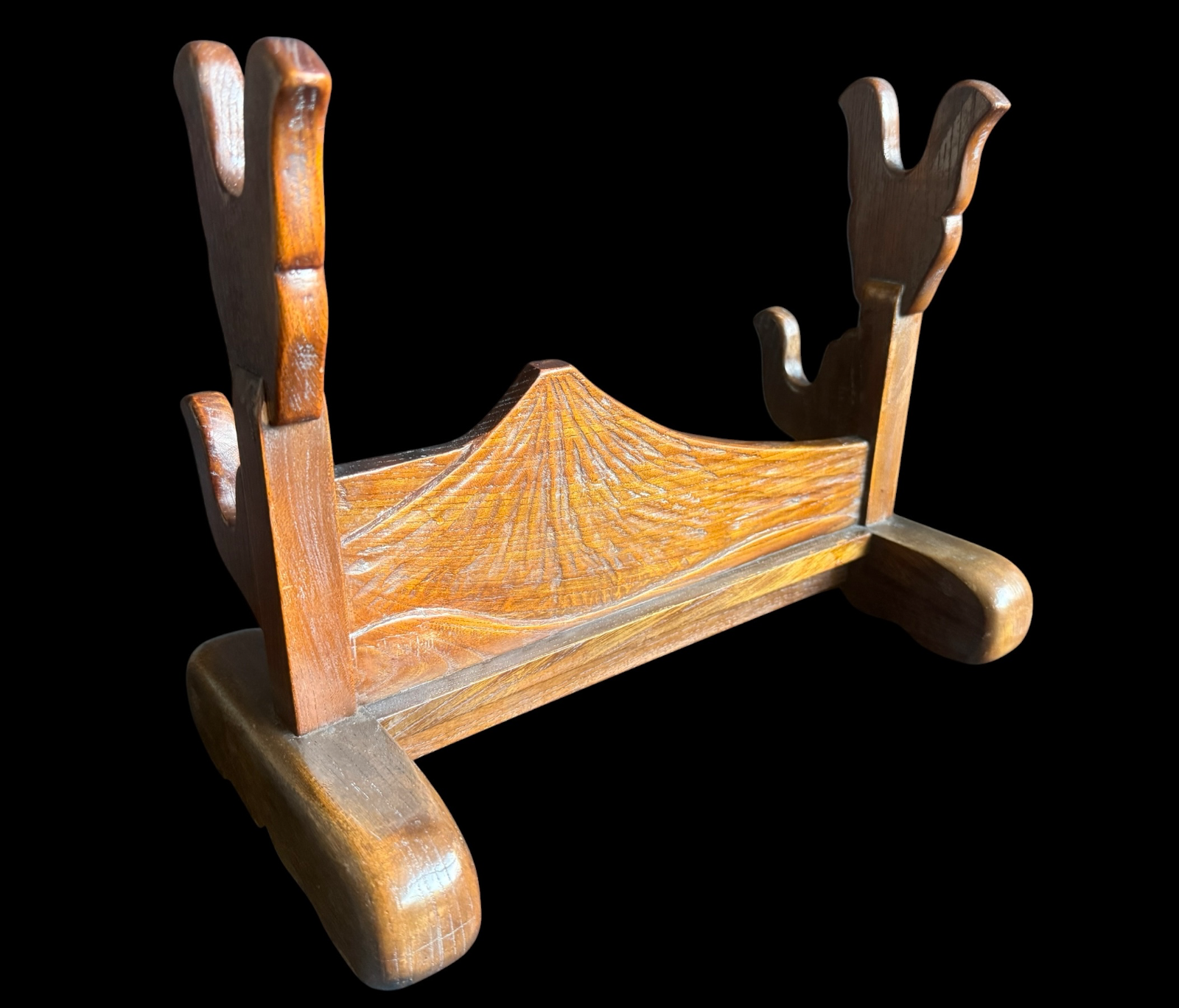 Handcrafted Japanese Double Sword Stand Unkai Fuji Style, angled, with Fuji carving, a wooden katana stand kake
