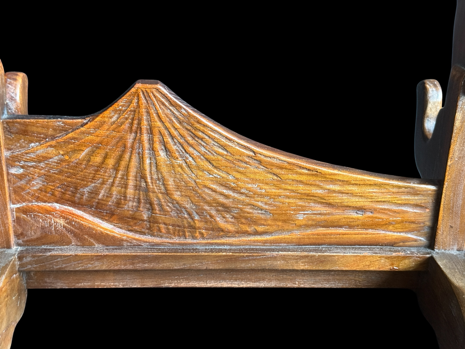 Handcrafted Japanese Double Sword Stand Unkai Fuji Style, close-up of Mount Fuji carving on katana stand kake
