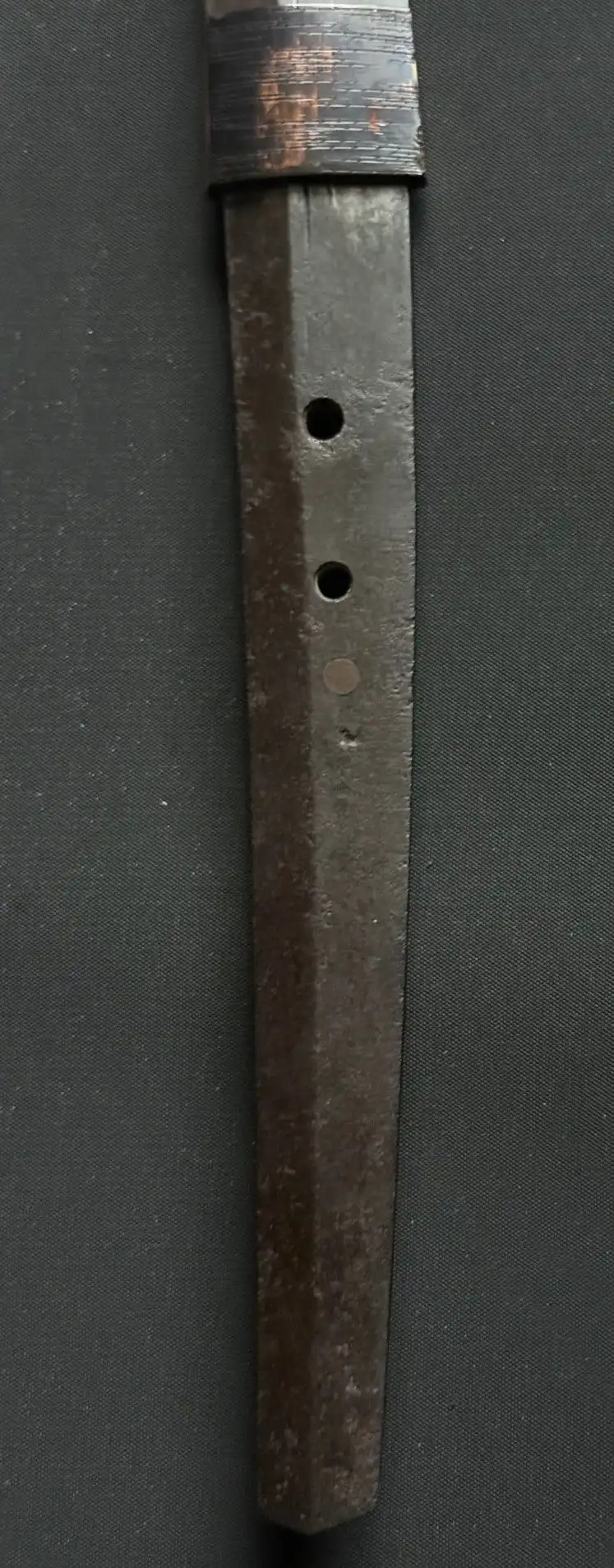 Close-up of the antique Katana, Aoe Nagamaki-Naoshi tang with two mekugi-ana and a partial signature visible