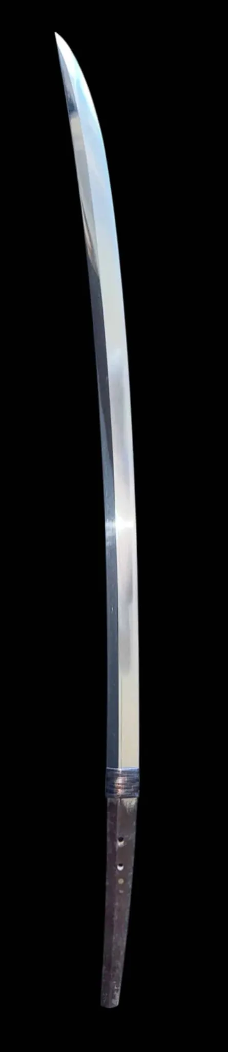 Polished Aoe Nagamaki-Naoshi Katana sword with curvature, visible tang, and hamon line against dark background