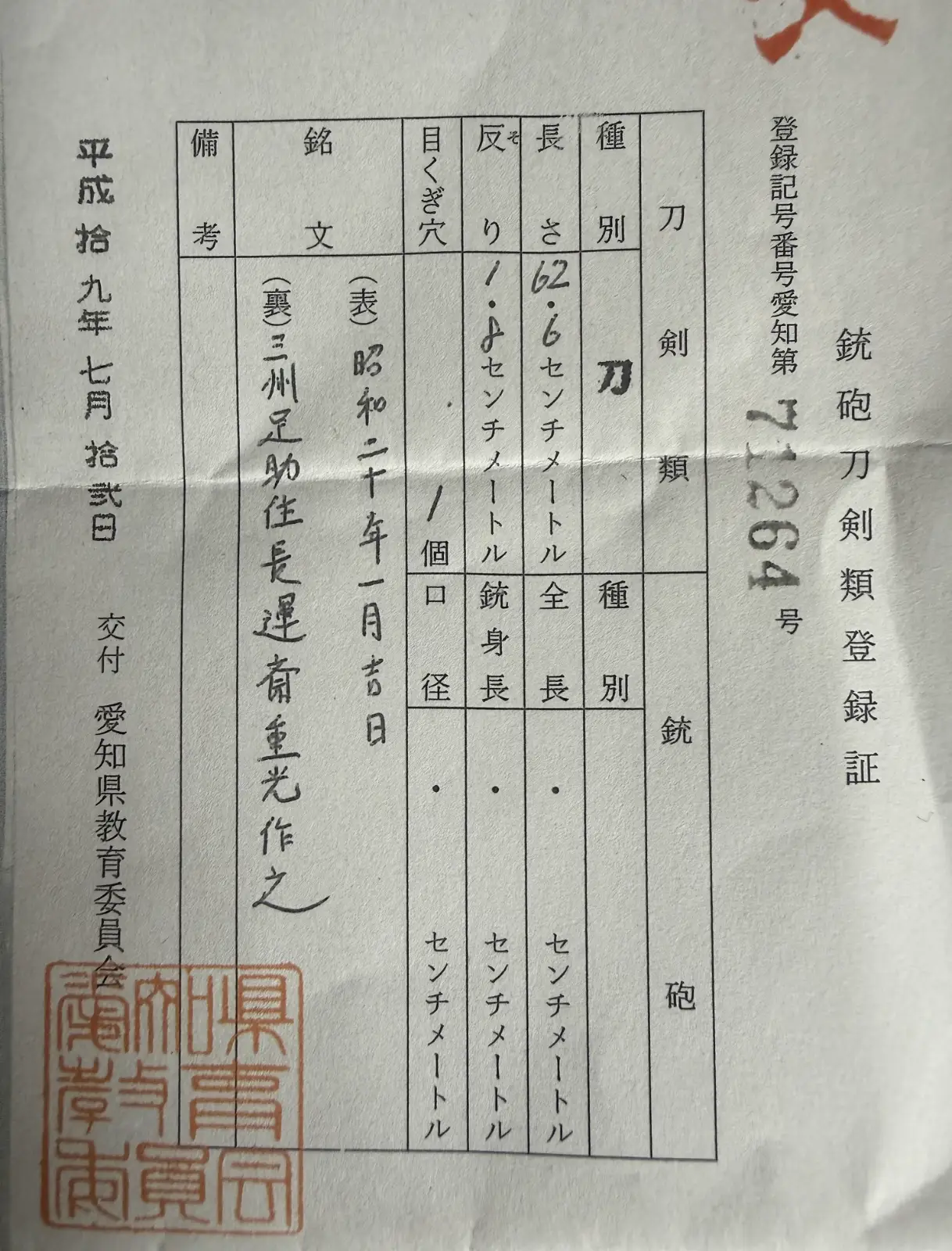 NBTHK Hozon Certified Chōunsai Shigemitsu katana (1945) sword registration certificate, close-up with Japanese text