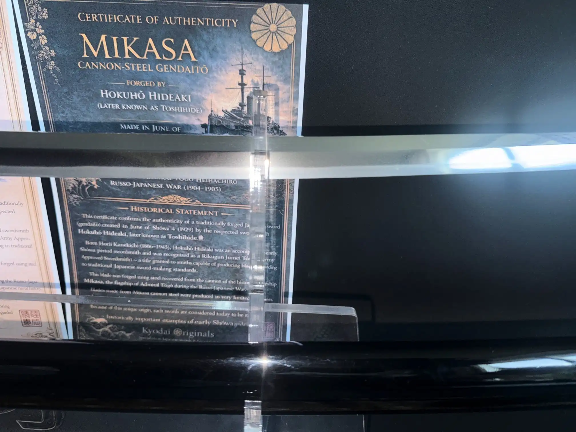 Gendaitō Battleship Mikasa katana blade and certificate of authenticity by Kyodai Originals