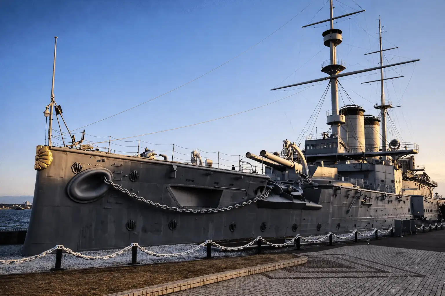 Battleship Mikasa at port, an antique warship relevant to the Gendaito Battleship Mikasa Katana.