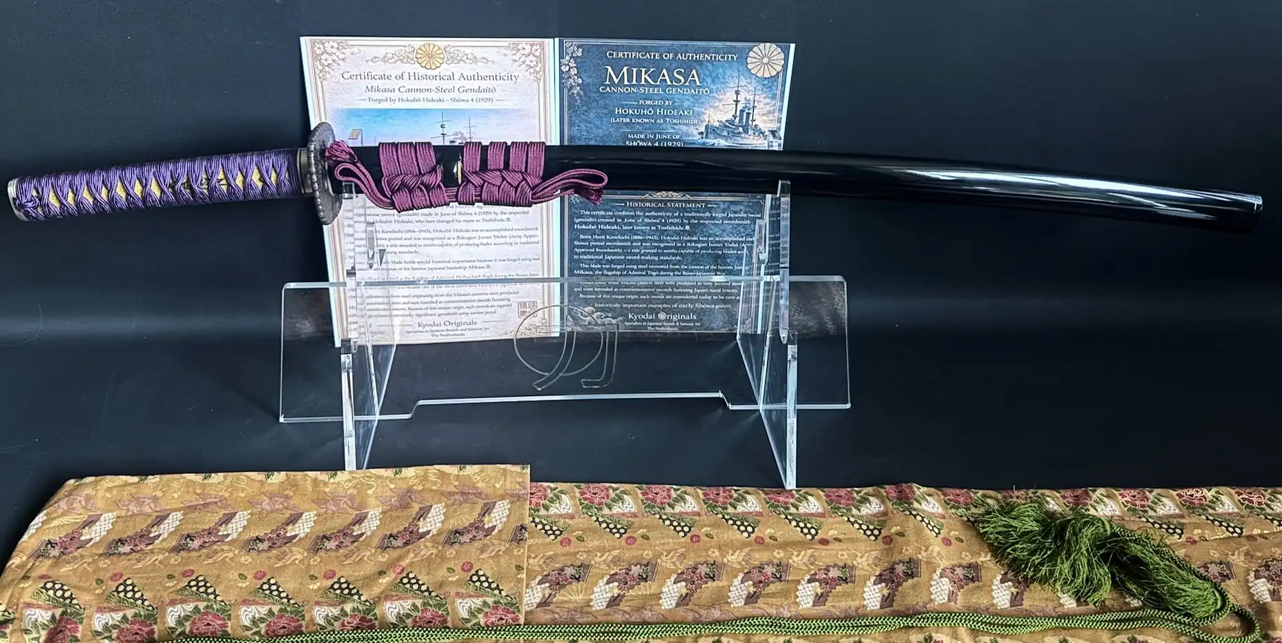 Gendaitō Battleship Mikasa Katana, purple-wrapped handle, scabbard, and certificates.