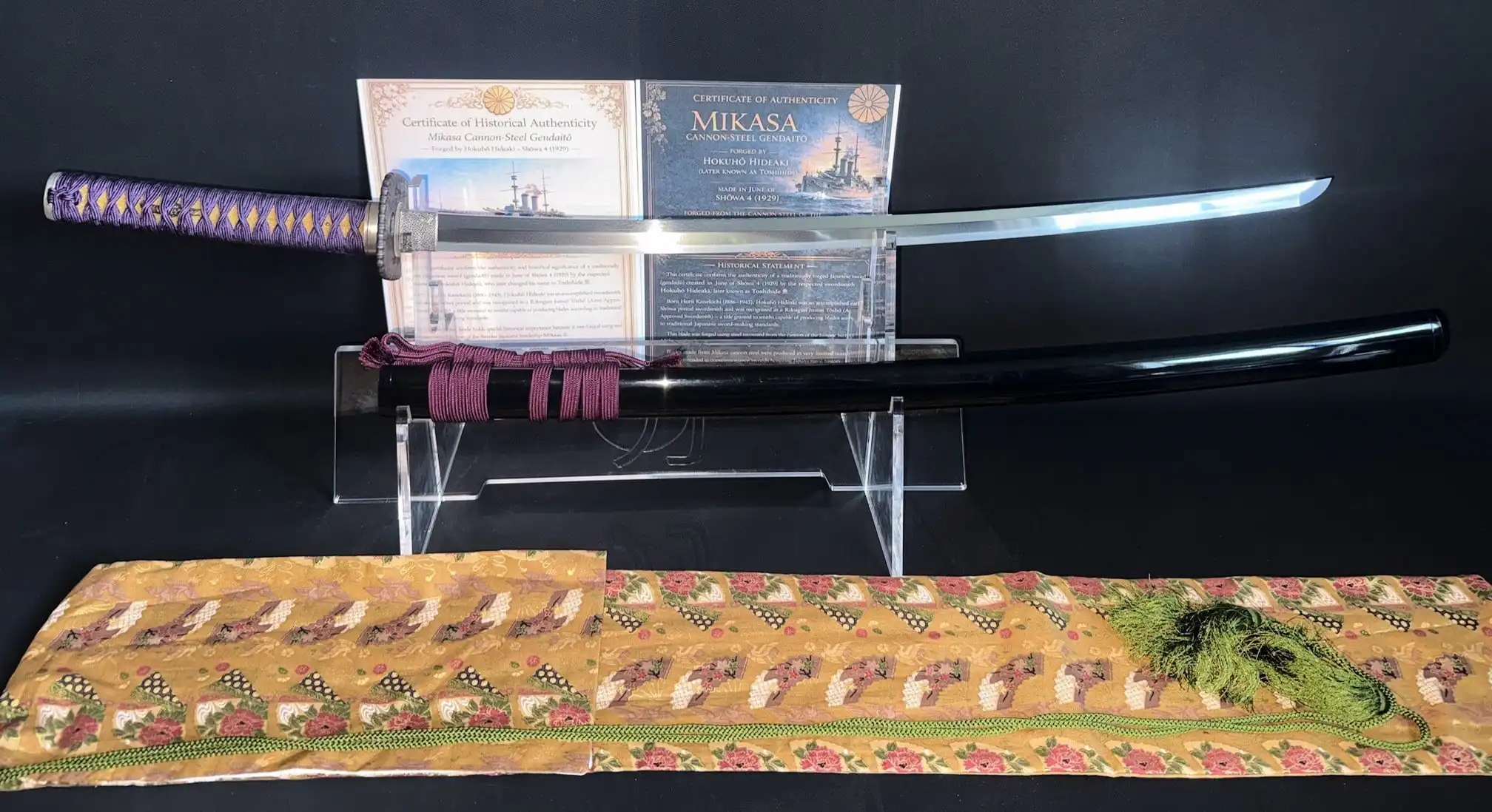 Kyodai Originals Gendaitō Battleship Mikasa katana displaying its blade, purple tsuka, and black saya.