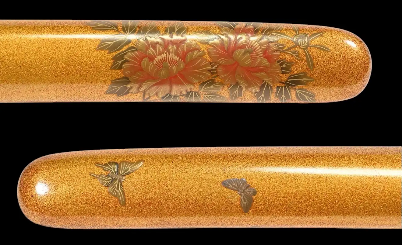 NBTHK Jūyō Tōken Tantō by Heianjō Nagayoshi, gold scabbard with intricate floral and butterfly design