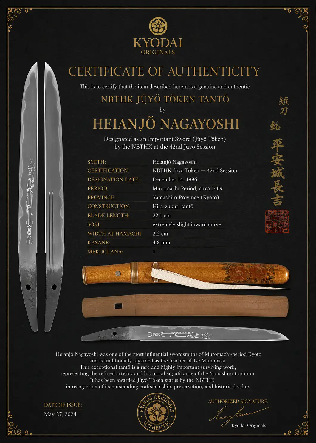 Full view of a NBTHK Jūyō Tōken Tantō by Heianjō Nagayoshi, with blade, scabbard, and certificate.