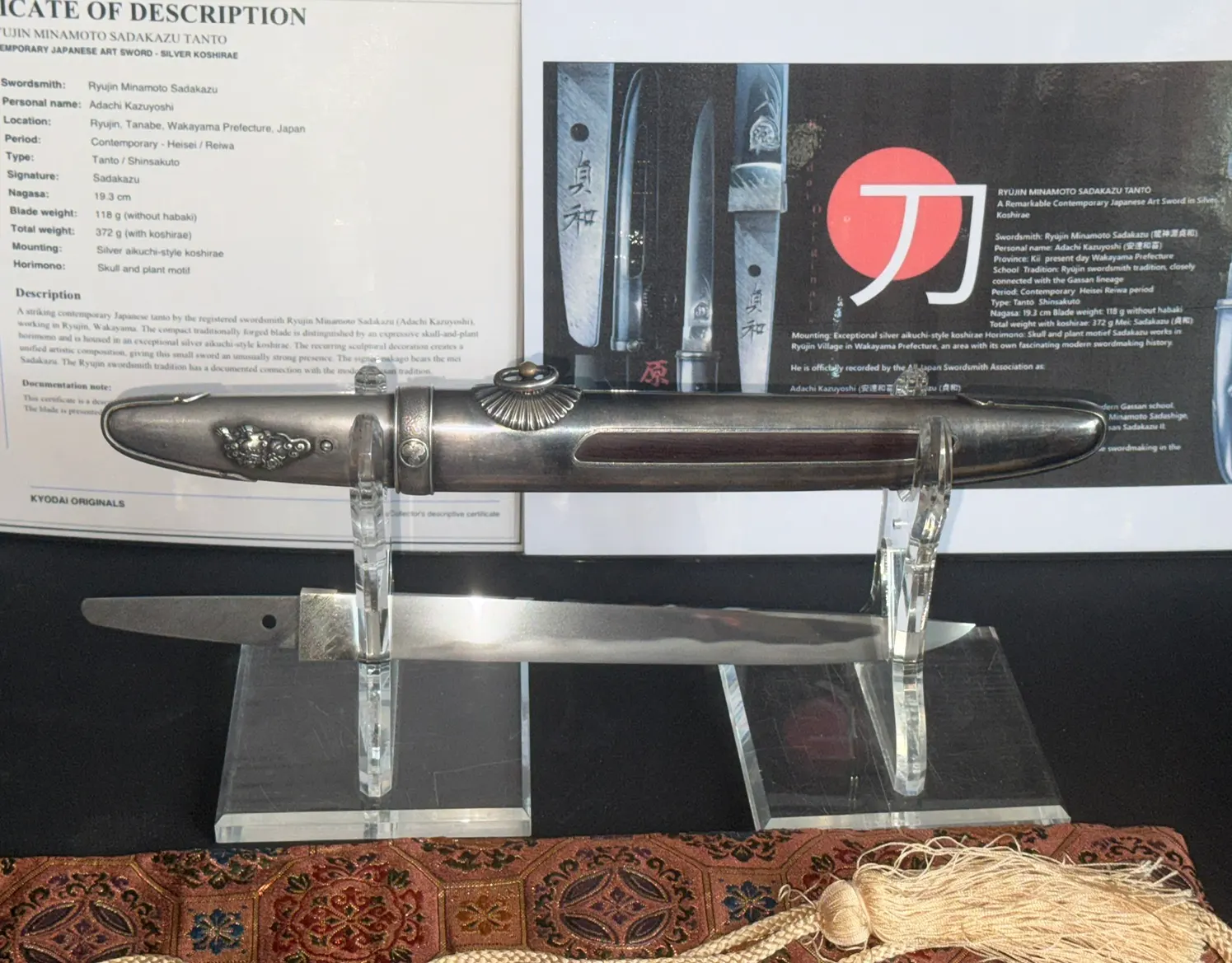 Silver Skull Tantō by Ryūjin Minamoto Sadakazu, a Heisei-period Japanese Tantō with silver scabbard, displayed horizontally