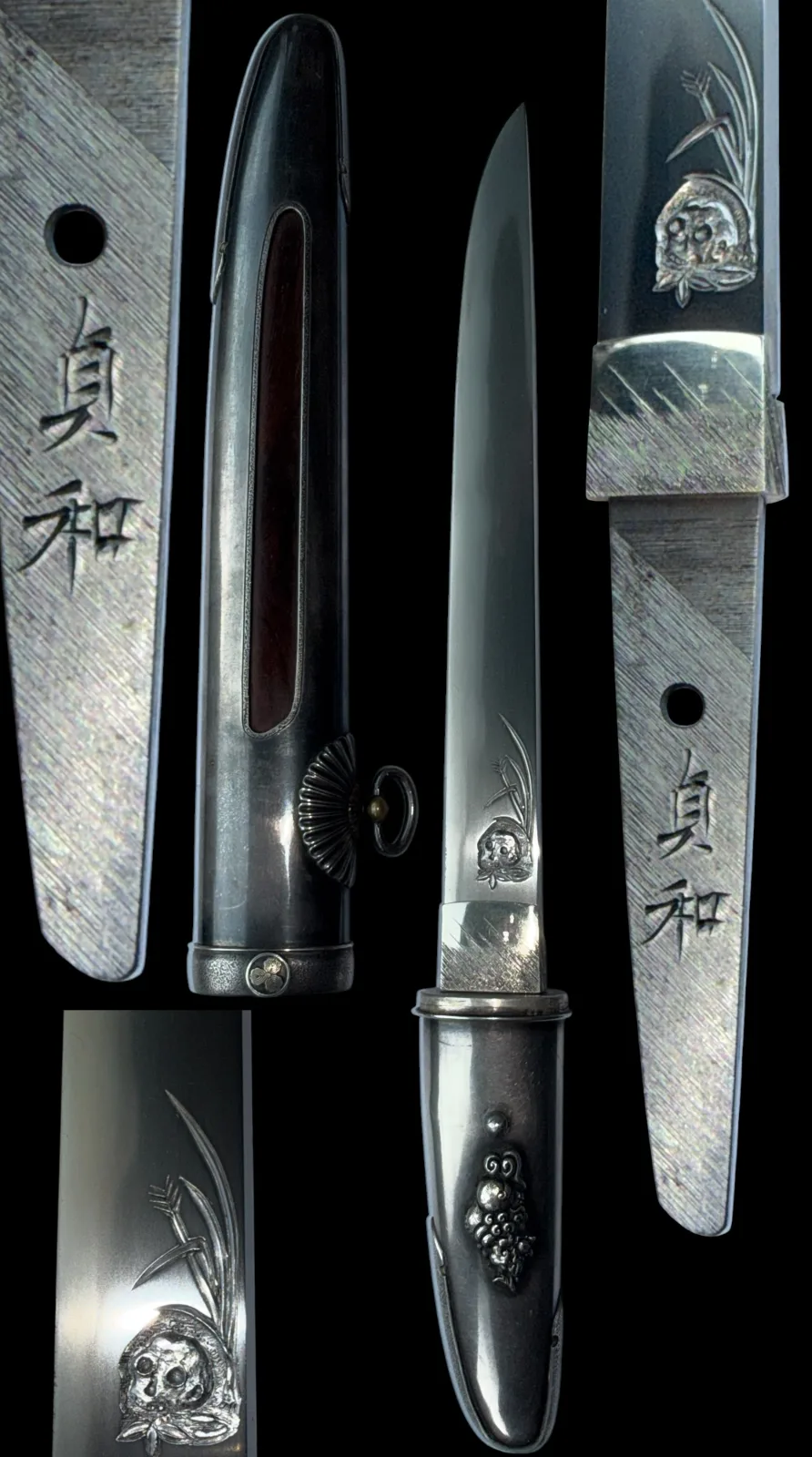 Silver Skull Tantō by Ryūjin Minamoto Sadakazu, blade out of scabbard, silver skull, grapes, and inscription details