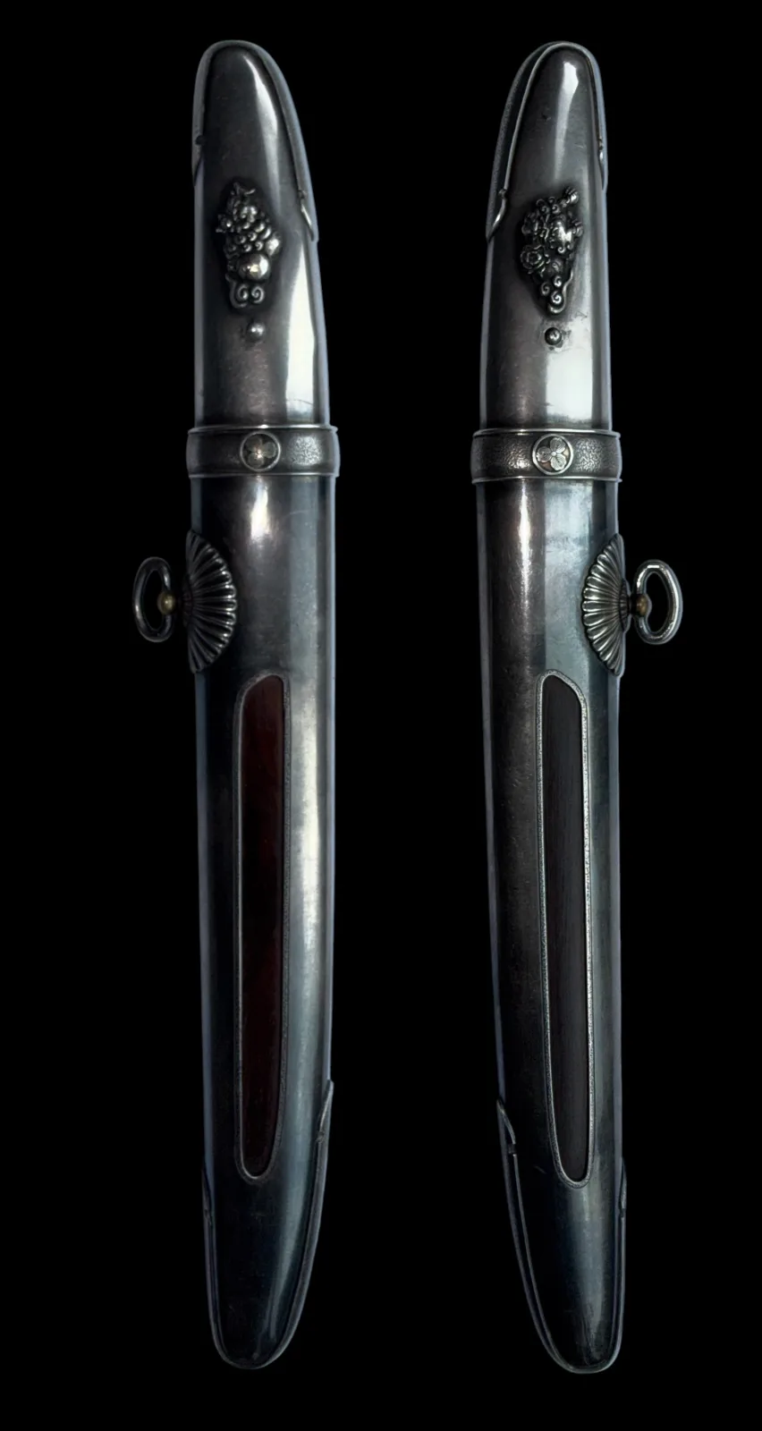 Silver Skull Tantō by Ryūjin Minamoto Sadakazu, silver-mounted saya with intricate skull and fruit motifs on both sides