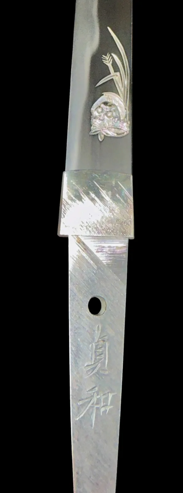 Silver Skull Tantō by Ryūjin Minamoto Sadakazu blade close-up, showing detailed skull engraving and signature tang.