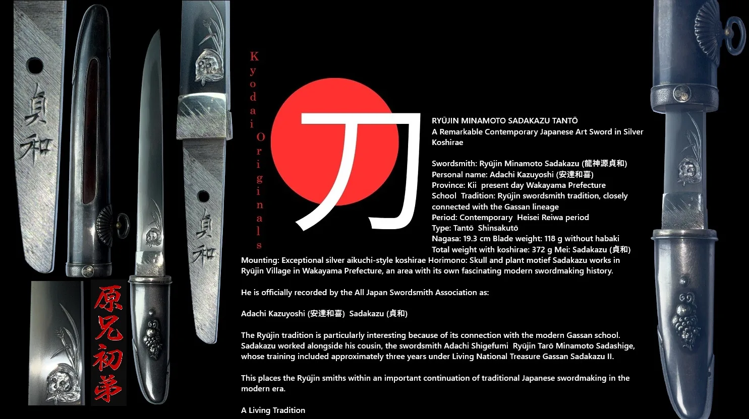 Silver Skull Tantō by Ryūjin Minamoto Sadakazu, silver mounted Japanese short sword with skull carving detail