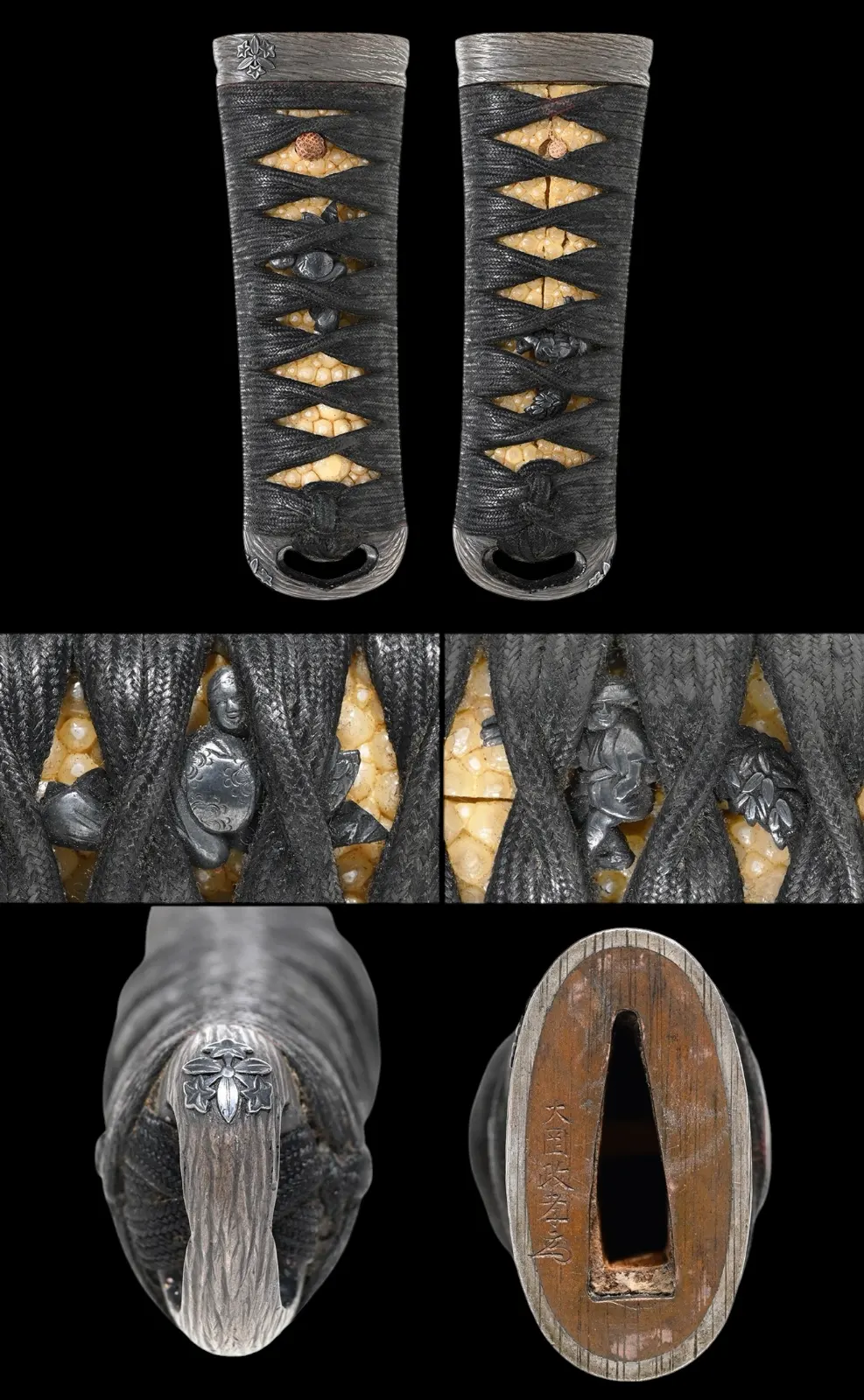 Close-up views of Kawachi no Kami Hironobu Tantō handle with Imperial Kikumon, black ito, and ray skin visible.