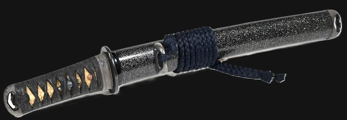 Close-up of a Kawachi no Kami Hironobu Tantō katana in its sparkling black saya with blue sageo.
