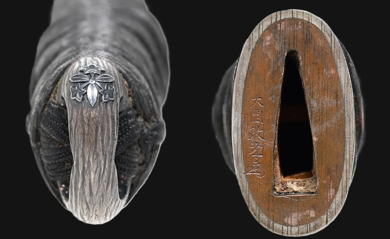 Kawachi no Kami Hironobu Tantō, close-up of pommel with Imperial Kikumon and handle end in a multi-view katana display
