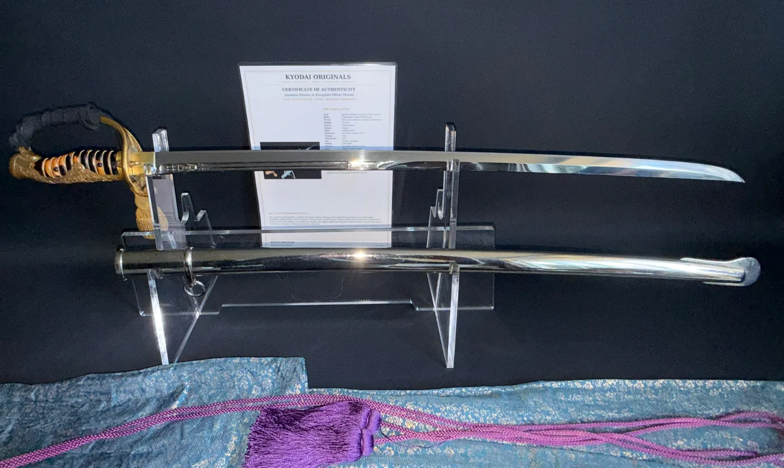 Japanese General Officer’s Kyū-Guntō katana displayed with its scabbard and Gassan School Nihontō blade details