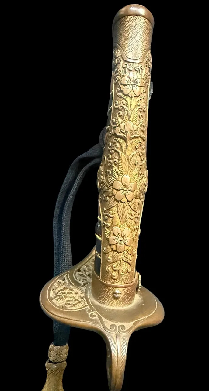 Kyū-Guntō katana hilt with ornate cherry blossom carvings & guard. Japanese General Officer's Kyū-Guntō.